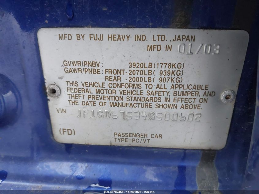 2004 Subaru Impreza 2.5Rs VIN: JF1GD67534G500602 Lot: 43782456