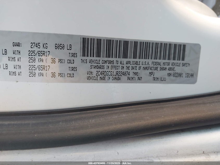 2018 Dodge Grand Caravan Sxt VIN: 2C4RDGCG1JR224074 Lot: 43782459