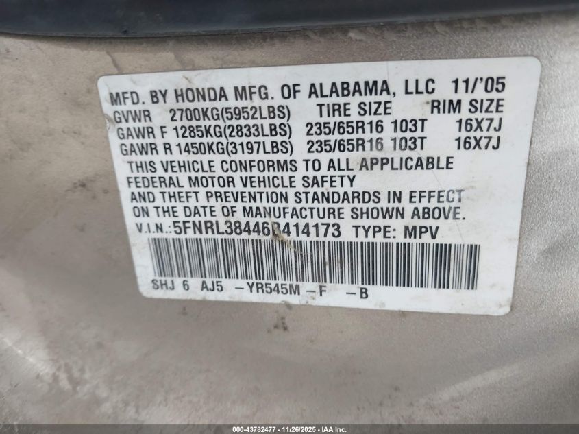 2006 Honda Odyssey Touring VIN: 5FNRL38836B008467 Lot: 43782477