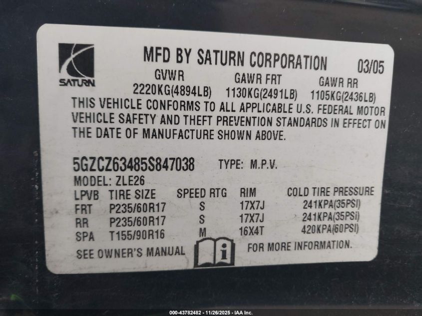 2005 Saturn Vue V6 VIN: 5GZCZ63485S847038 Lot: 43782482
