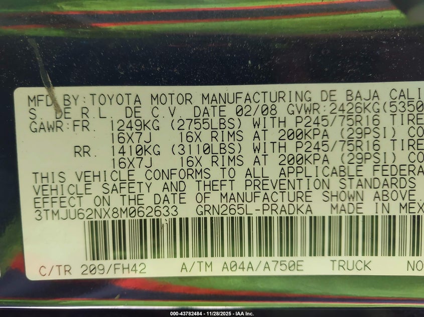 2008 Toyota Tacoma Prerunner V6 VIN: 3TMJU62NX8M062633 Lot: 43782484