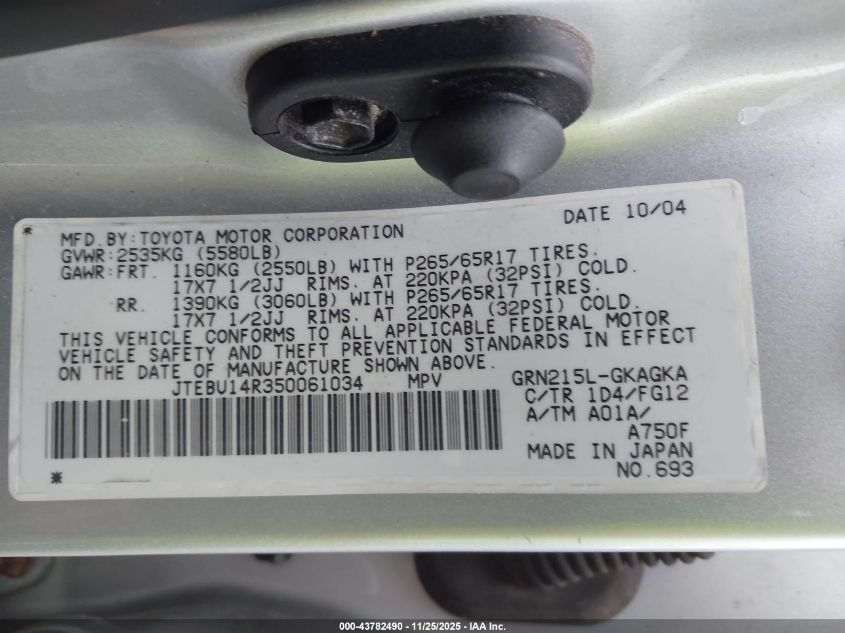 2005 Toyota 4Runner Sr5 V6 VIN: JTEBU14R350061034 Lot: 43782490