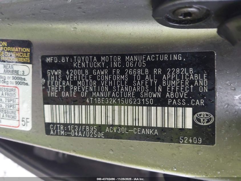 2005 Toyota Camry Le VIN: 4T1BE32K15U623150 Lot: 43782496