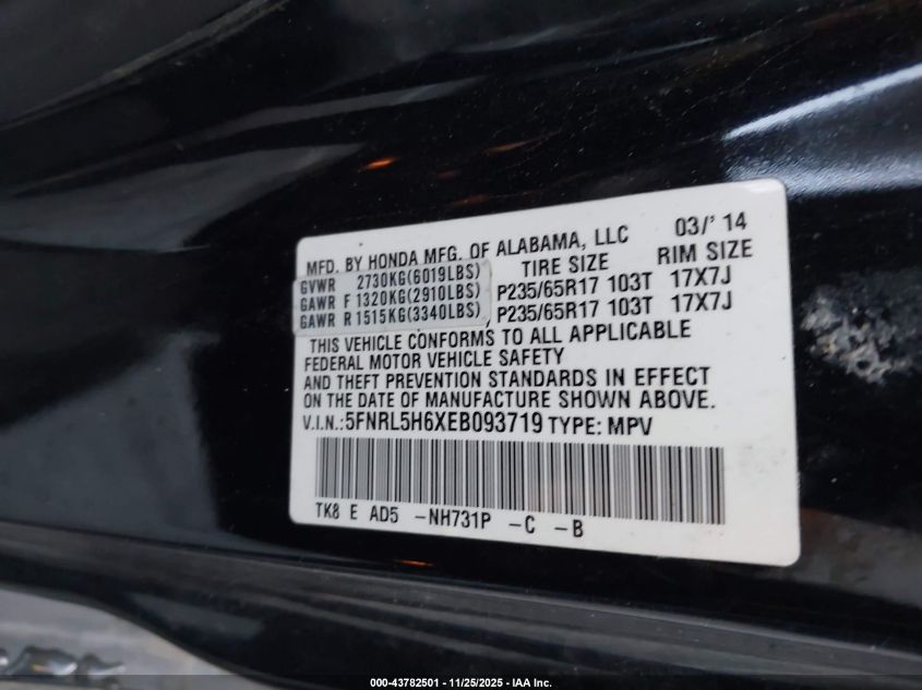 2014 Honda Odyssey Ex-L VIN: 5FNRL5H6XEB093719 Lot: 43782501