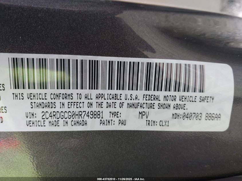 2017 Dodge Grand Caravan Sxt VIN: 2C4RDGCG0HR749881 Lot: 43782510