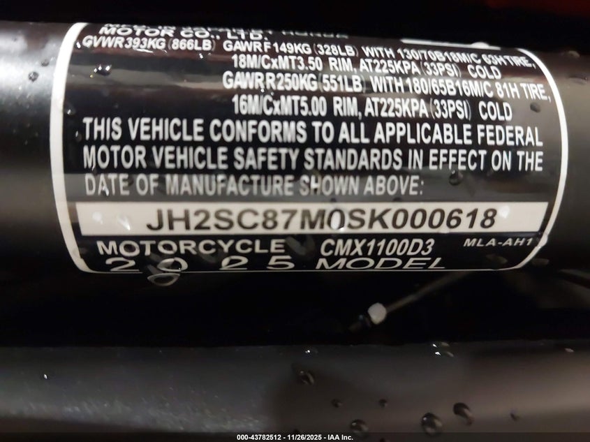 2025 Honda Cmx1100 D3 VIN: JH2SC87M0SK000618 Lot: 43782512