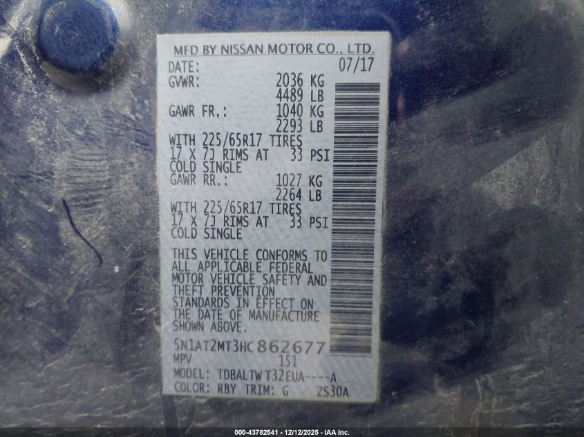 2017 Nissan Rogue Sv VIN: 5N1AT2MT3HC862677 Lot: 43782541