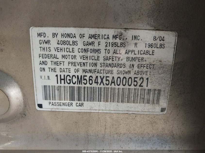 2005 Honda Accord 2.4 Lx VIN: 1HGCM564X5A000521 Lot: 43782550
