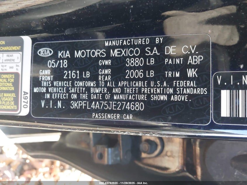 2018 Kia Forte S VIN: 3KPFL4A75JE274680 Lot: 43782555