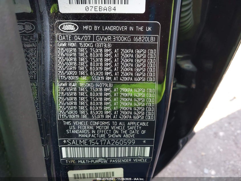 2007 Land Rover Range Rover Hse VIN: SALME15417A260599 Lot: 43782591