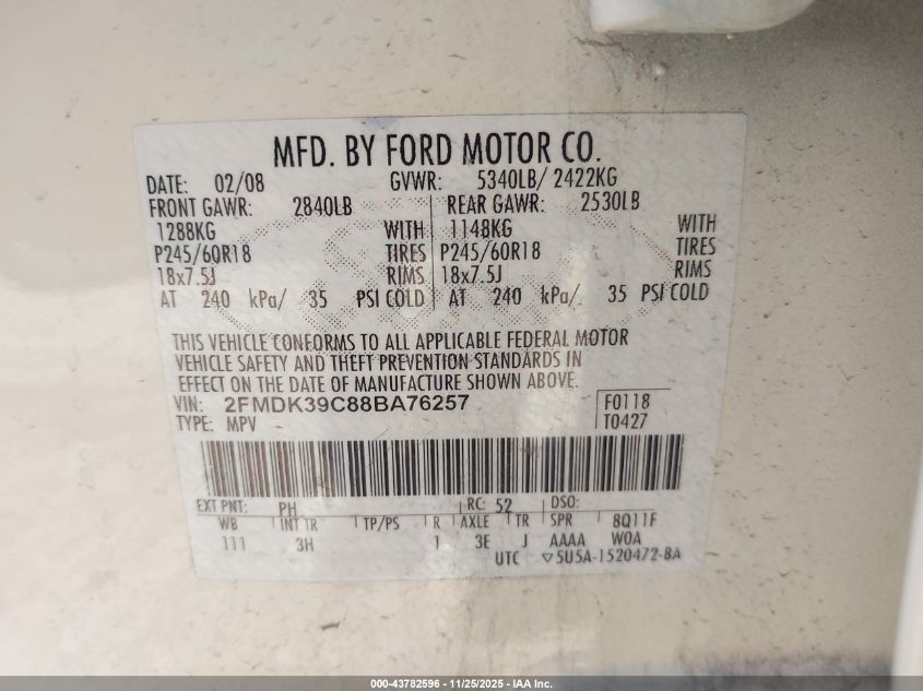 2008 Ford Edge Limited VIN: 2FMDK39C88BA76257 Lot: 43782596