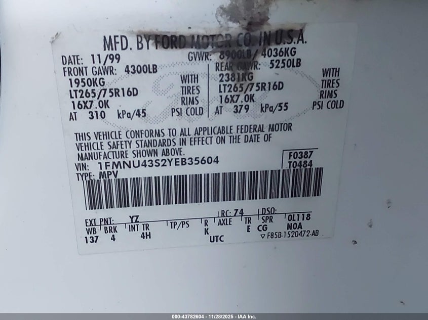 1FMNU43S2YEB35604 2000 FORD EXCURSION photo no. 9