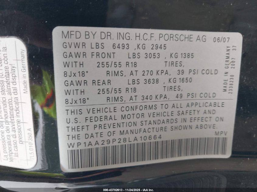 2008 Porsche Cayenne VIN: WP1AA29P28LA10664 Lot: 43782613