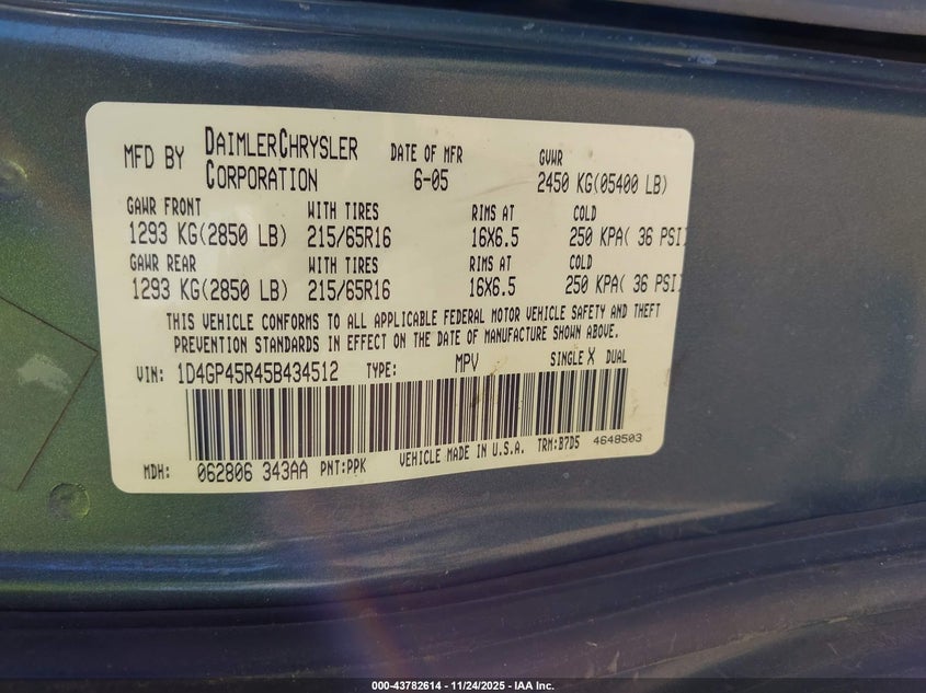 2005 Dodge Caravan Sxt VIN: 1D4GP45R45B434512 Lot: 43782614