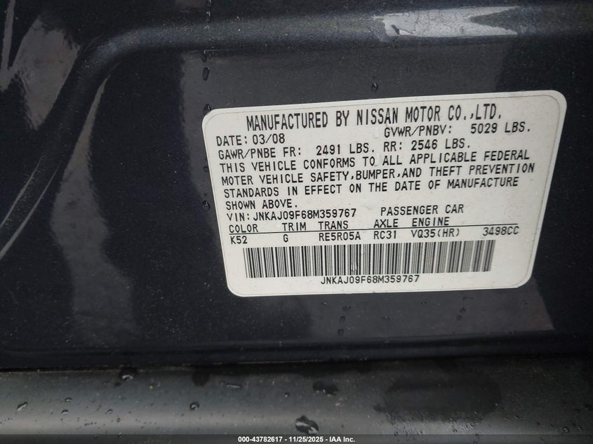 2008 Infiniti Ex35 Journey VIN: JNKAJ09F68M359767 Lot: 43782617