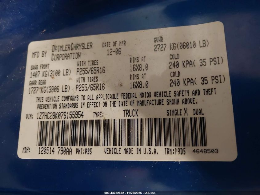 2007 Mitsubishi Raider Ls VIN: 1Z7HC28K07S155954 Lot: 43782632