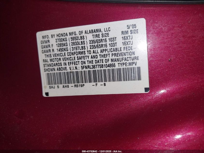 2005 Honda Odyssey Ex-L VIN: 5FNRL38775B104866 Lot: 43782642