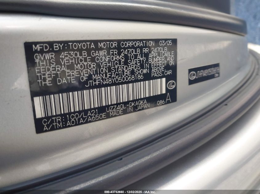 2005 Lexus Sc 430 VIN: JTHFN48Y050068186 Lot: 43782660