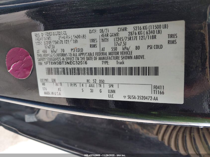 2022 Ford F-350 Xl VIN: 1FT8W3BT3NEC32516 Lot: 43782669