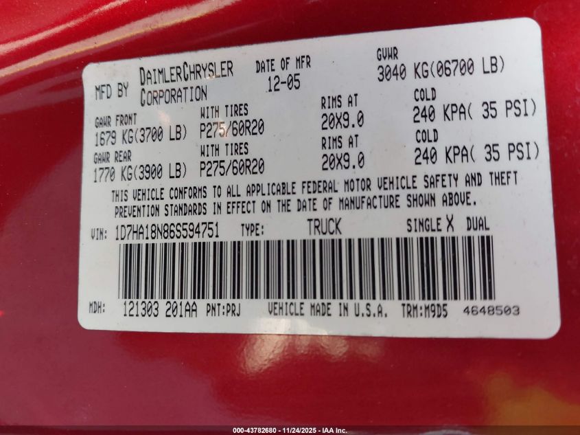 2006 Dodge Ram 1500 Slt VIN: 1D7HA18N86S594751 Lot: 43782680
