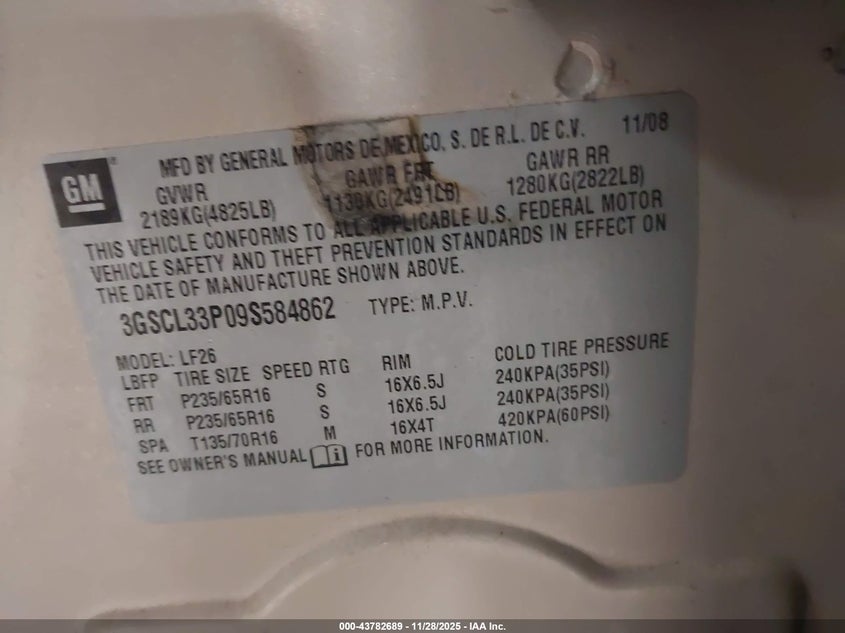 2009 Saturn Vue 4-Cyl Xe VIN: 3GSCL33P09S584862 Lot: 43782689