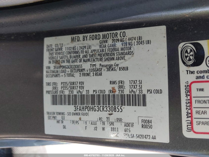 2012 Ford Fusion Se VIN: 3FAHP0HG3CR330855 Lot: 43782703