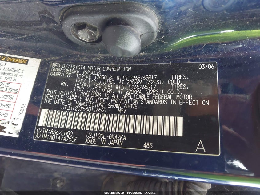 2006 Lexus Gx 470 VIN: JTJBT20X560116521 Lot: 43782722