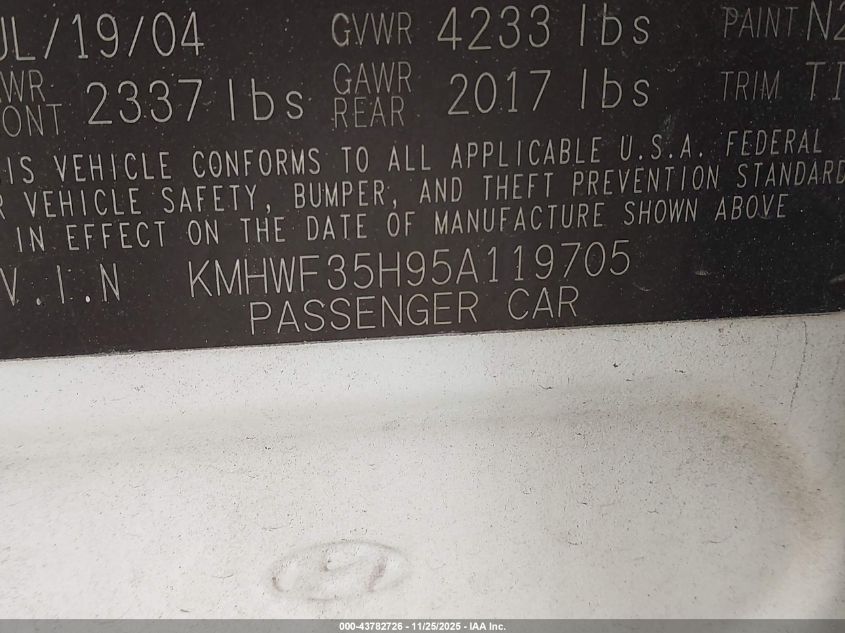 2005 Hyundai Sonata Gls/Lx VIN: KMHWF35H95A119705 Lot: 43782726