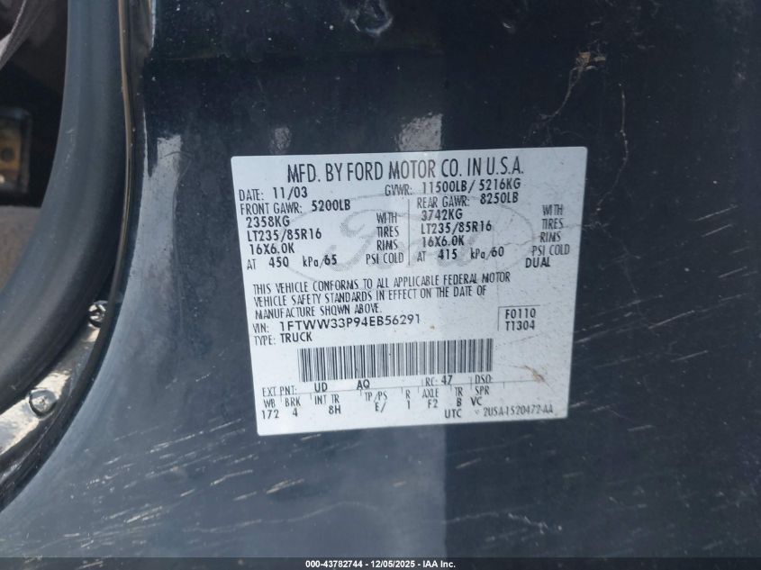 2004 Ford F-350 Lariat/Xl/Xlt VIN: 1FTWW33P94EB56291 Lot: 43782744