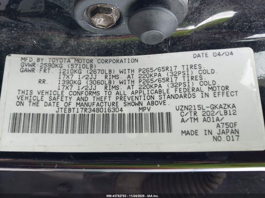 2004 Toyota 4Runner Limited V8 VIN: JTEBT17R348016304 Lot: 43782753