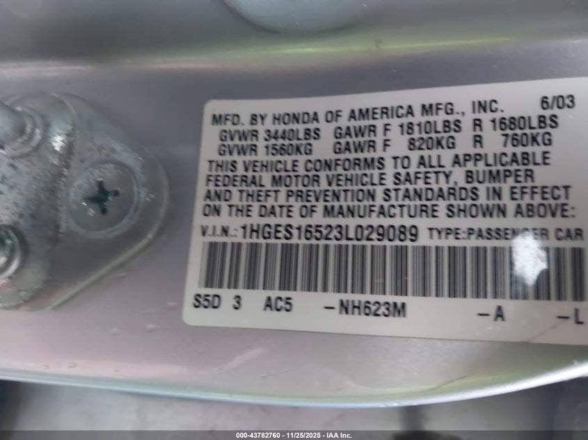 2003 Honda Civic Lx VIN: 1HGES16523L029089 Lot: 43782760
