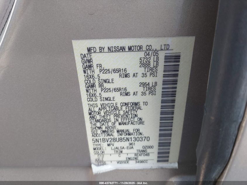 2005 Nissan Quest 3.5 VIN: 5N1BV28U85N130370 Lot: 43782771