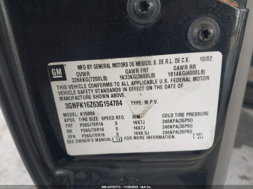 2003 Chevrolet Suburban 1500 Lt VIN: 3GNFK16Z63G154784 Lot: 43782772