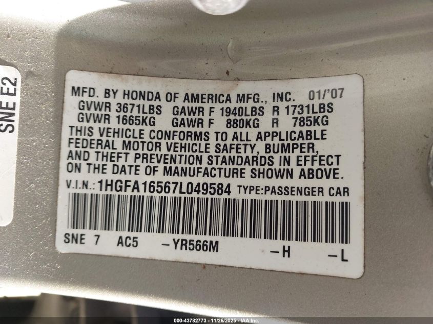 2007 Honda Civic Lx VIN: 1HGFA16567L049584 Lot: 43782773
