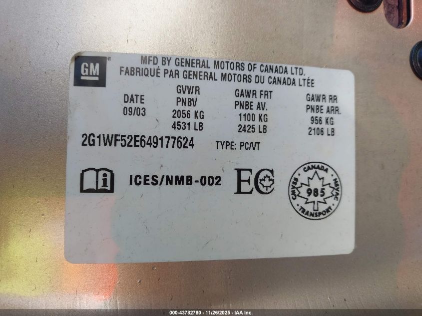 2004 Chevrolet Impala VIN: 2G1WF52E649177624 Lot: 43782780