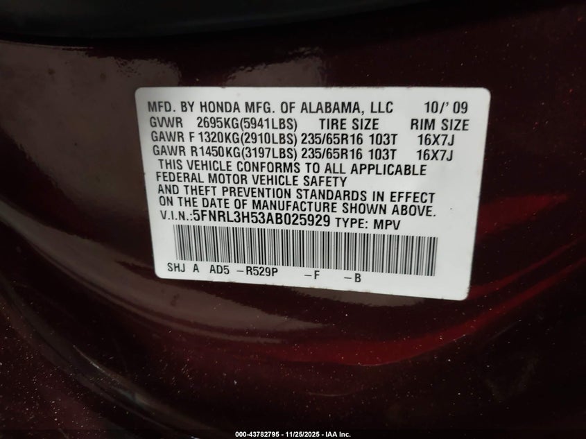 2010 Honda Odyssey Ex VIN: 5FNRL3H53AB025929 Lot: 43782795