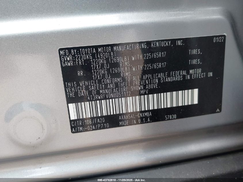 2022 Toyota Rav4 Hybrid Xle VIN: 4T3RWRFV0NU051112 Lot: 43782818