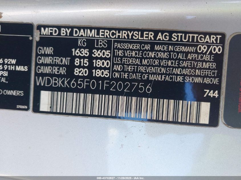 2001 Mercedes-Benz Slk 320 VIN: WDBKK65F01F202756 Lot: 43782827