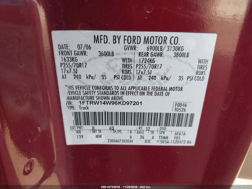 2006 Ford F-150 Xlt VIN: 1FTRW14W96KD97201 Lot: 43782836