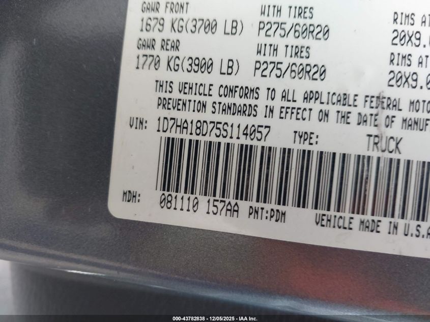 2005 Dodge Ram 1500 Slt/Laramie VIN: 1D7HA18D75S114057 Lot: 43782838