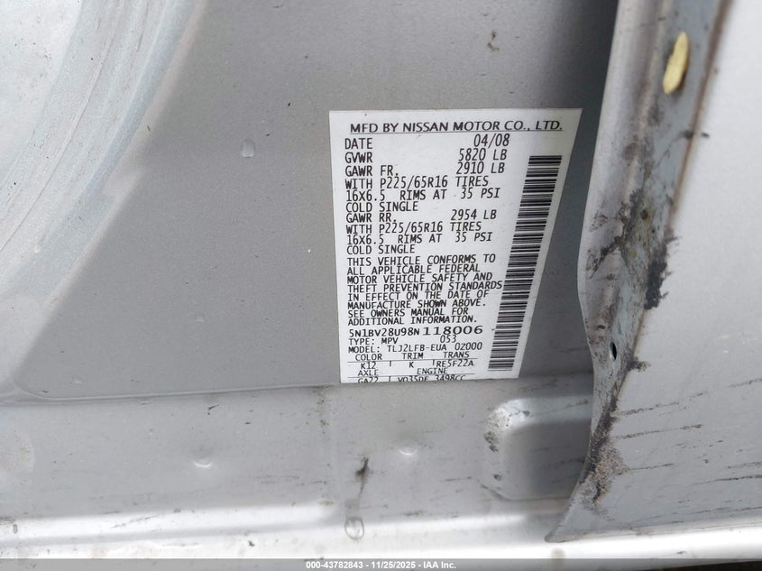 2008 Nissan Quest 3.5 VIN: 5N1BV28U98N118006 Lot: 43782843