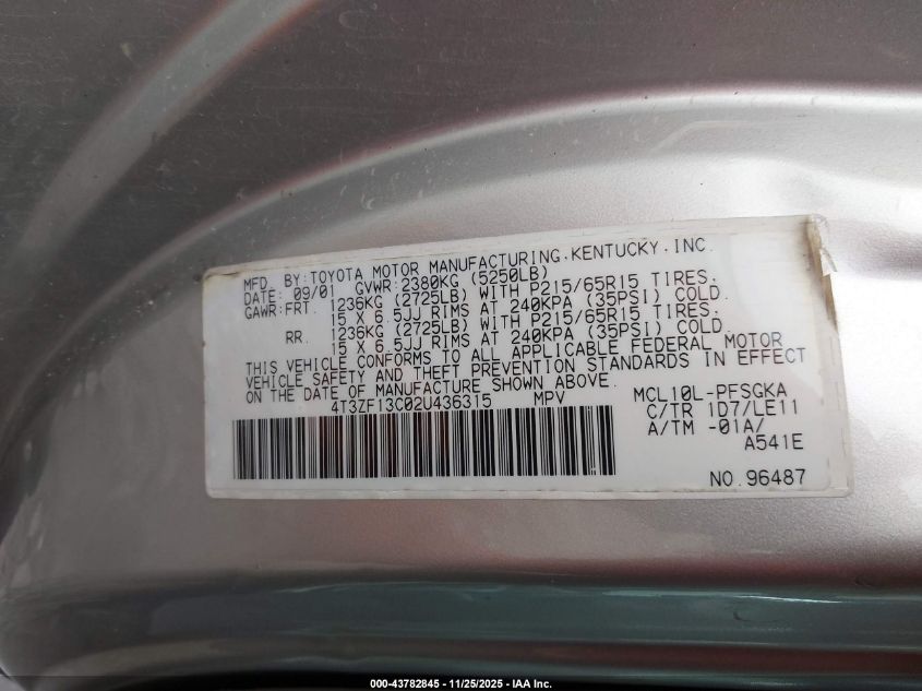 2002 Toyota Sienna Le/Xle VIN: 4T3ZF13C02U436315 Lot: 43782845