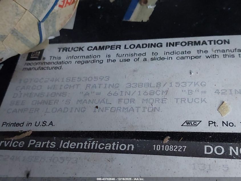 1995 GMC Sierra C2500 VIN: 1GTGC24K1SE530593 Lot: 43782846