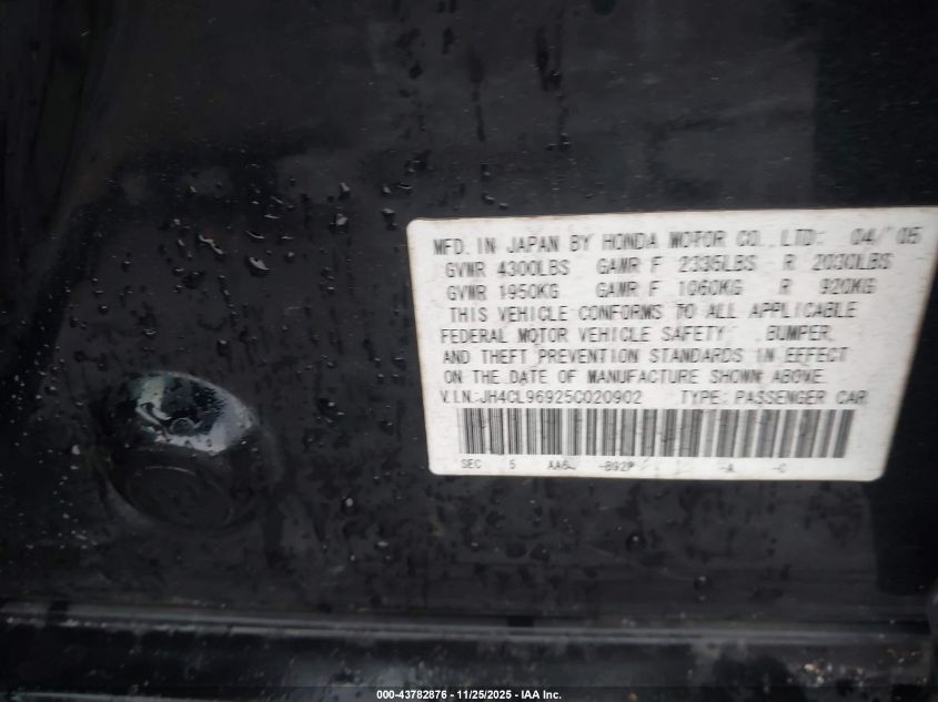 2005 Acura Tsx VIN: JH4CL96925C020902 Lot: 43782876