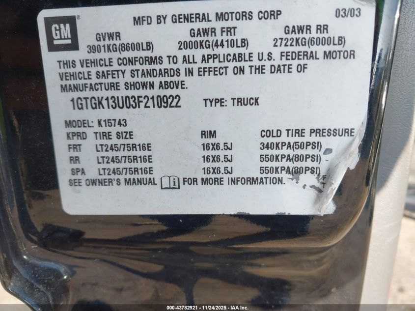 2003 GMC Sierra 1500Hd Sle VIN: 1GTGK13U03F210922 Lot: 43782921