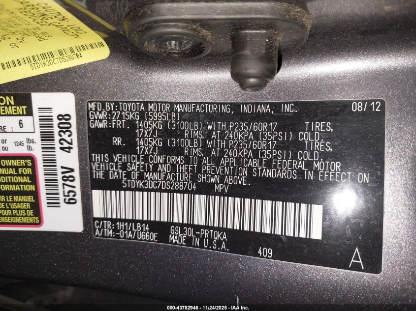 2013 Toyota Sienna Xle V6 8 Passenger VIN: 5TDYK3DC7DS288704 Lot: 43782946