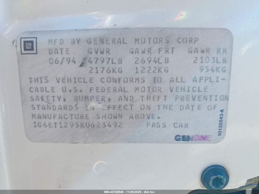 1994 Cadillac Eldorado Touring VIN: 1G6ET1295RU623492 Lot: 43782948