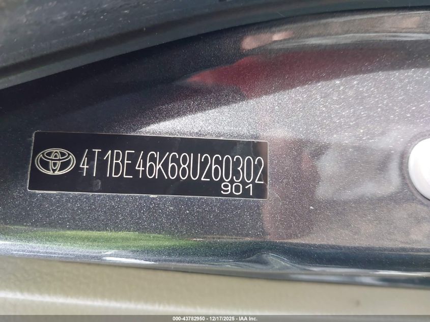 2008 Toyota Camry Se VIN: 4T1BE46K68U260302 Lot: 43782950