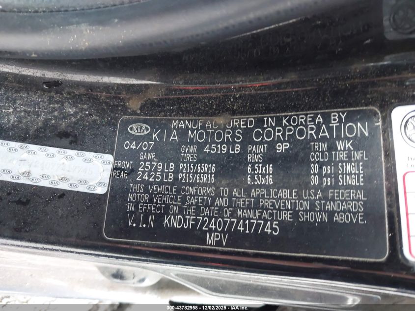2007 Kia Sportage Lx VIN: KNDJF724077417745 Lot: 43782958