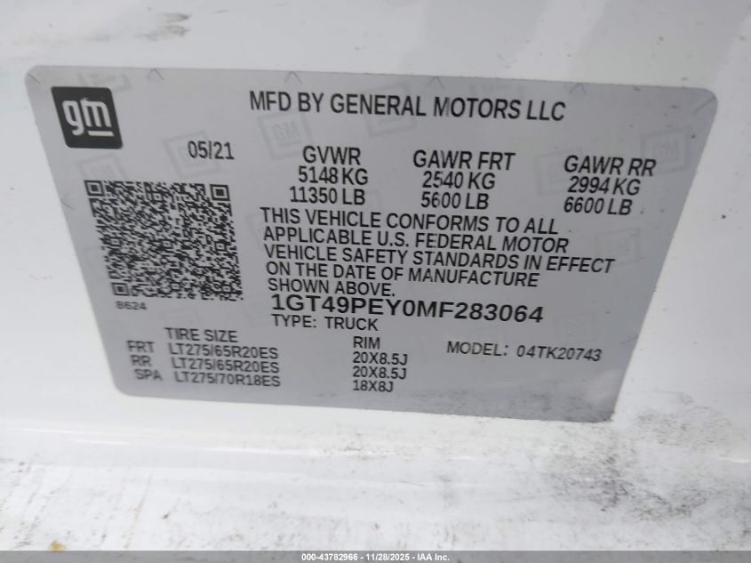 2021 GMC Sierra 2500Hd 4Wd Standard Bed At4 VIN: 1GT49PEY0MF283064 Lot: 43782966